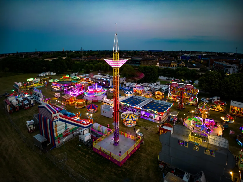 The fun fair arrives in Peterborough. Both aerial and ground level shots of different rides.,City Centre, Peterborough
Thursday 15 June 2023.
Picture by Terry Harris.
