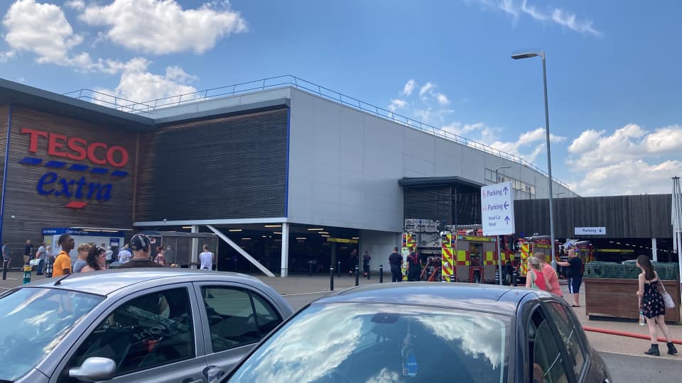 The camper van that caught fire in Tesco Extra car park, Wisbech, today.
