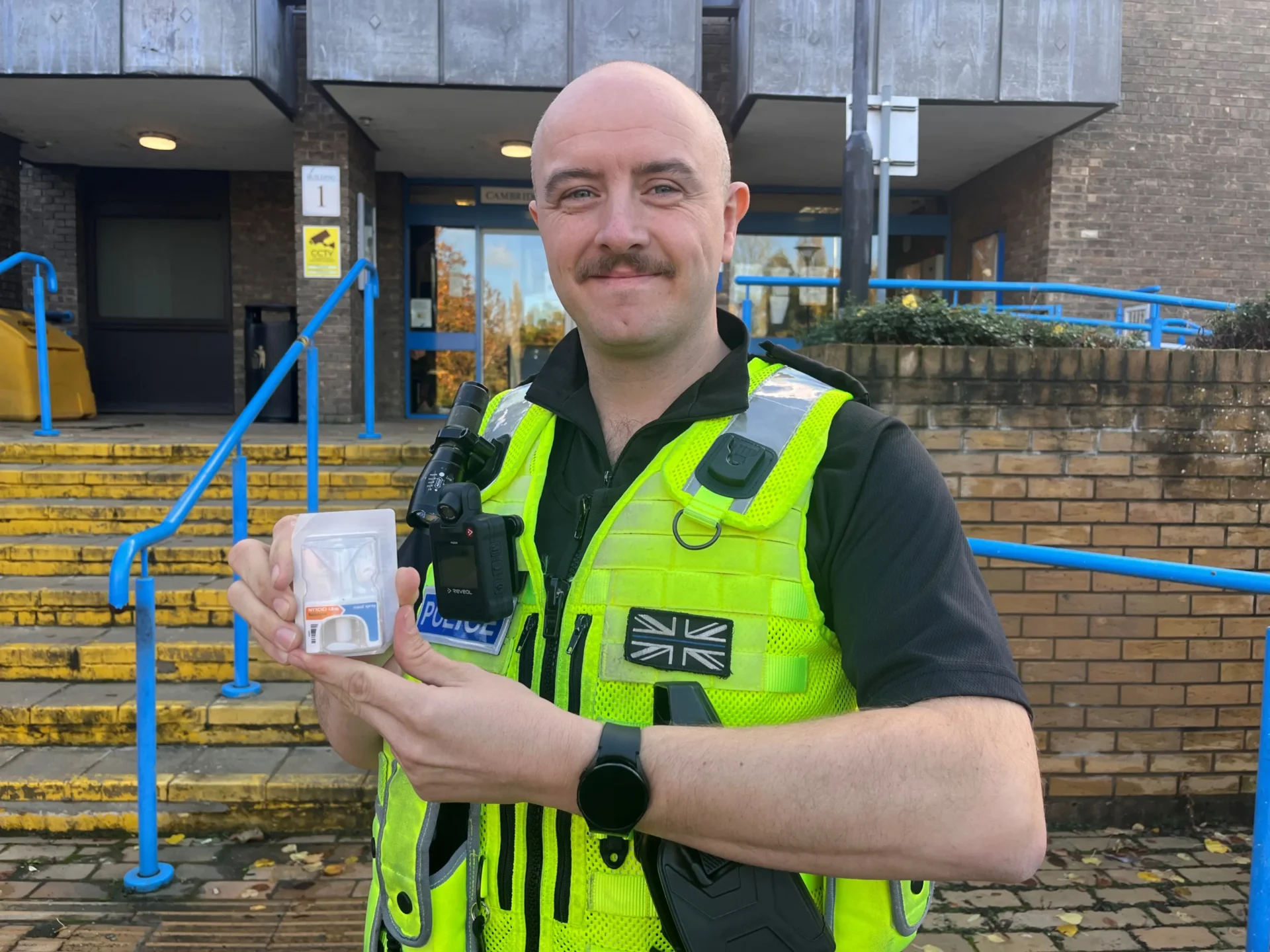 News for Peterborough - PC Sam Holliday of Peterborough city centre neighbourhood policing team demonstrating Naloxone. 