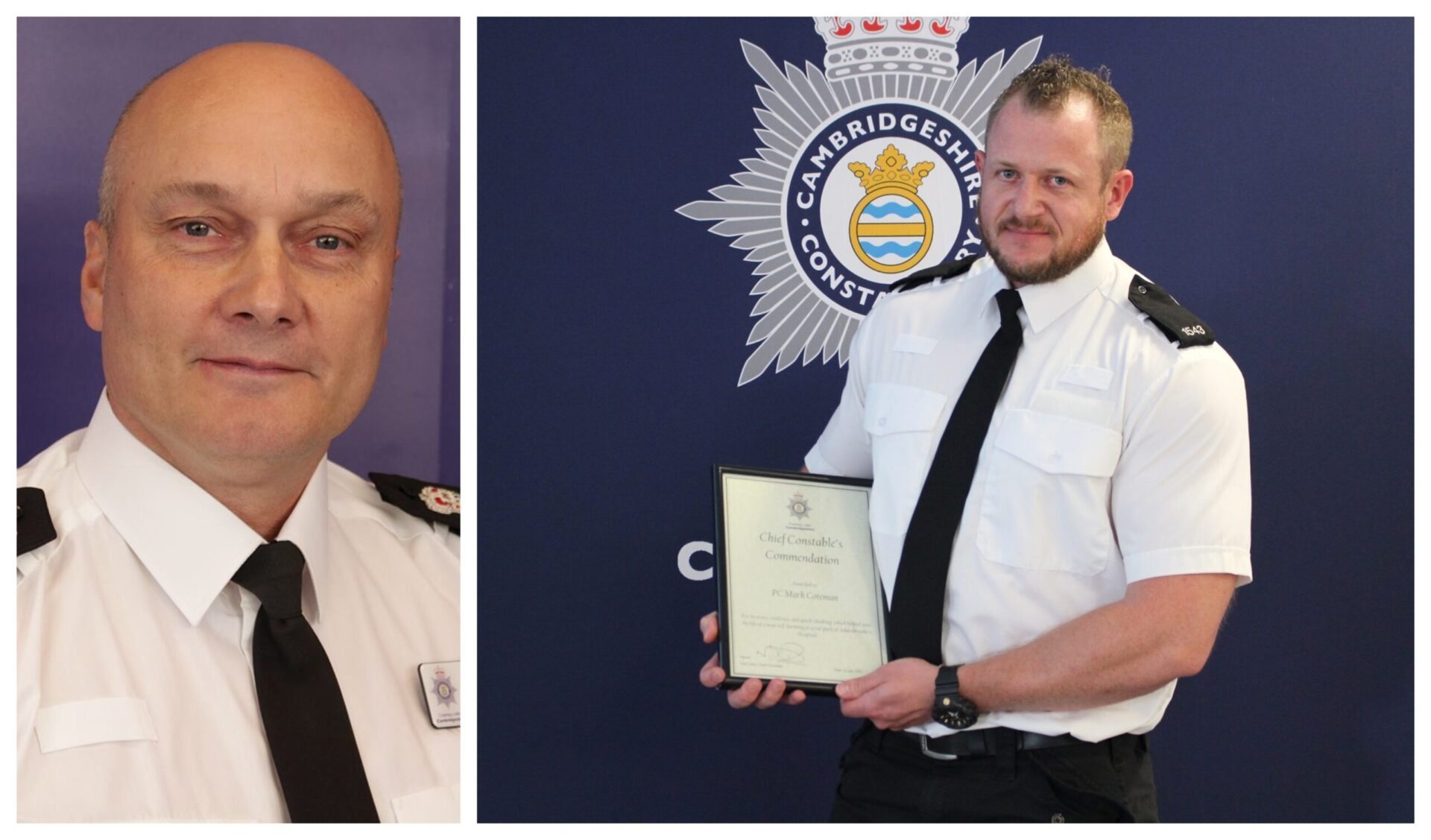News for Peterborough - Chief constable Nick Dean (left) who had previously commended disgraced police officer Mark Coteman (right) for bravery, resilience, and quick thinking’
