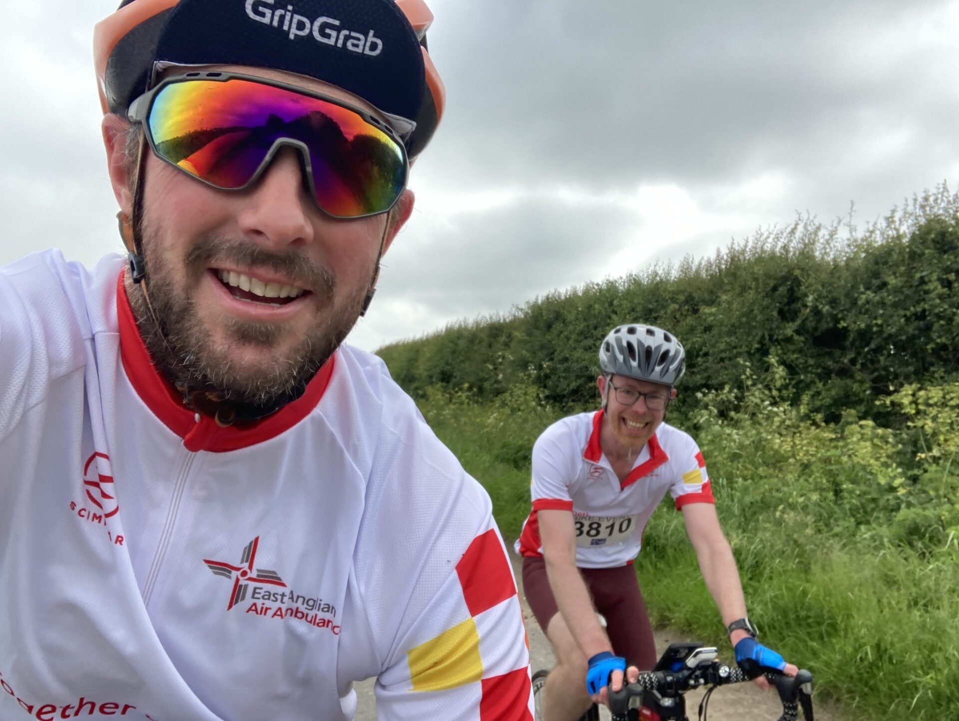 News for Peterborough - Keiran Williams (L) and Adam Clarke (R) at the Norwich 100 riding in East Anglian Air Ambulance kit