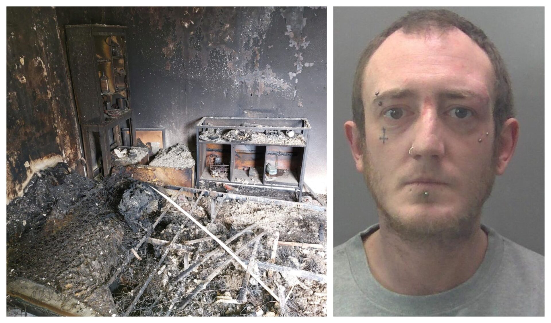 News for Peterborough - Custody photo of arsonist Joshua Allen, together with photo of the damage caused by the fire.