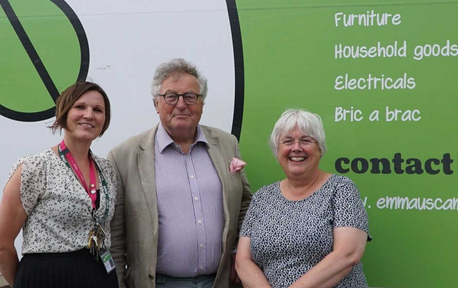 MP Charlotte Cane and East Cambridgeshire District Cllr John Trapp with Emmaus Cambridge Chief Executive Officer, Donna Talbot.