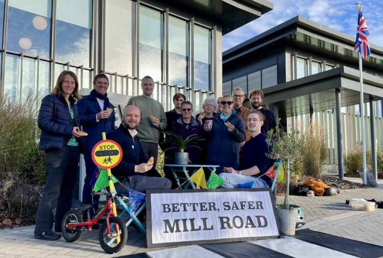 News for Peterborough - Supporters of the TRO for Mill Road bridge filter assemble outside New Shire Hall Alconbury ahead of today’s Cambridgeshire County Council committee meeting.