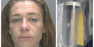 Custody photo of Patricia O’Dwyer and a picture of the knife. O’Dwyer, 37, of no fixed address, used a knife to stab and slash at the woman in Ditton Fields, Cambridge on 21 July.