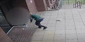 On 10 July Mohammed Fatah was caught on CCTV walking up to the entrance and throwing pots of eggs, mayonnaise, and bread at the door. Image: Cambs Police YouTube