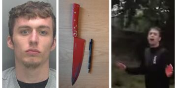 Callum Schooling (left) with (centre) the kitchen knife he possessed and (right) after a police chase caught him and he realised it was game over. Schooling was caught in Cambridge