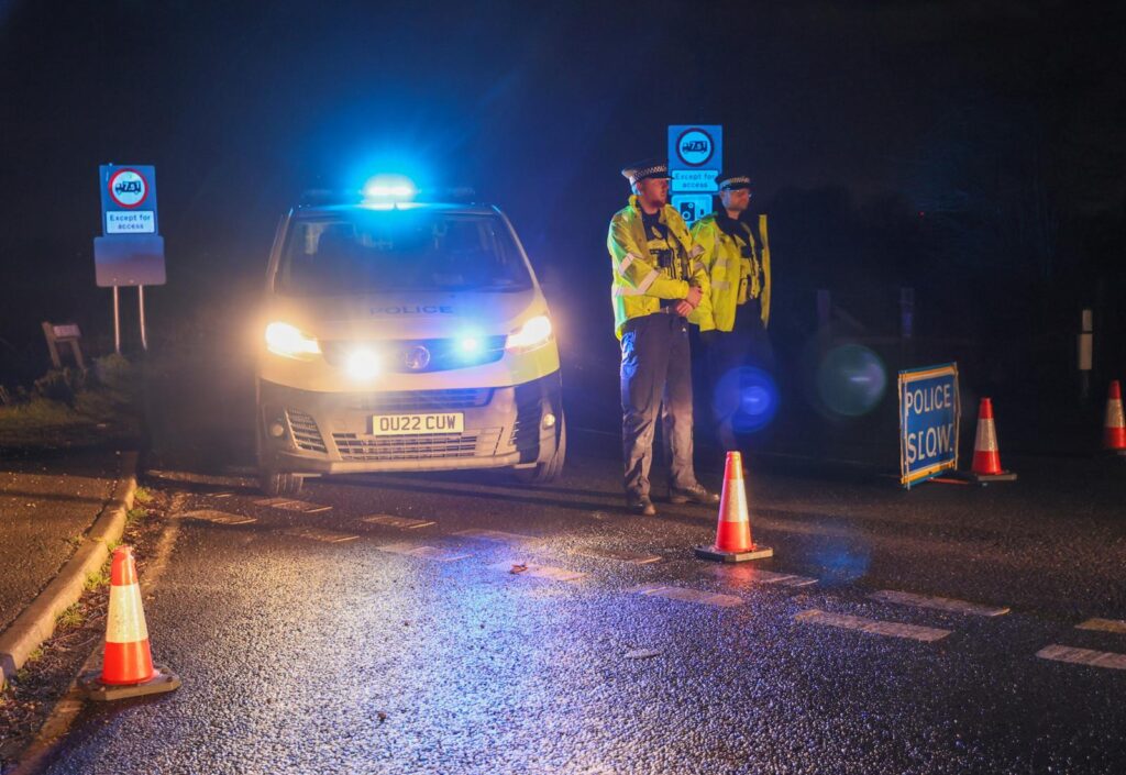 Police block the North Bank, Whittlesey, tonight as they conduct a search for a missing man. PHOTO: Terry Harris